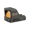Mepro MPO-S pistol red dot sight side angle view showing amber-coated lens and control buttons