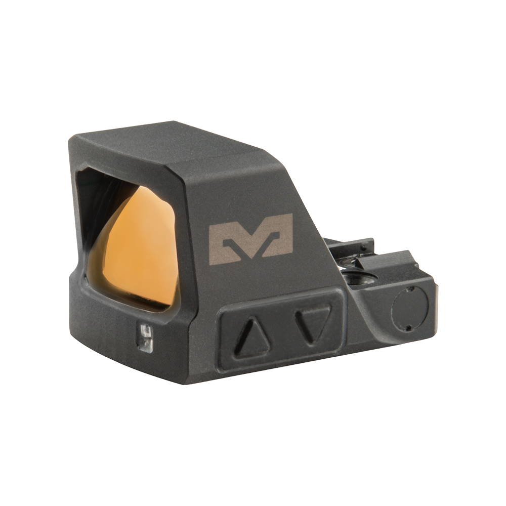 Mepro MPO-S pistol red dot sight side angle view showing amber-coated lens and control buttons